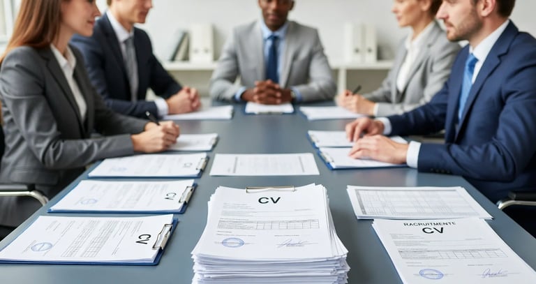 personas en un proceso de selección con sus hojas de vida