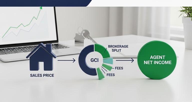 showing how Gross Commission Income (GCI) flows through the brokerage split and typical deductions