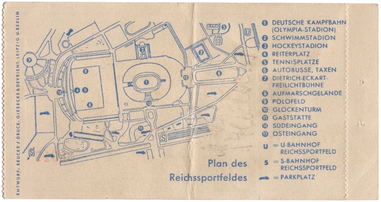1936 Olympics Basketball Ticket Stub, reverse with map of games. Very rare