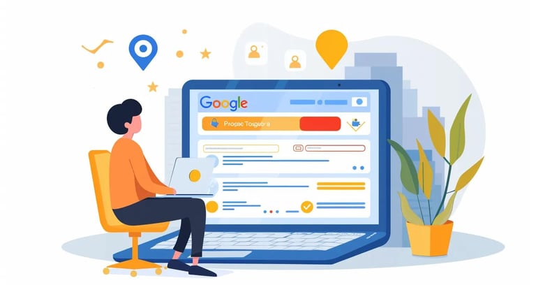 Person optimizing Google Business Profile on a laptop in a cozy office setting.