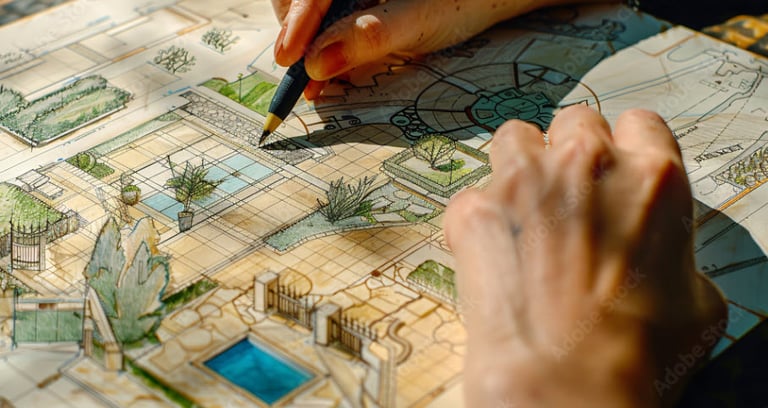 a person is drawing a master plan of a landscape design