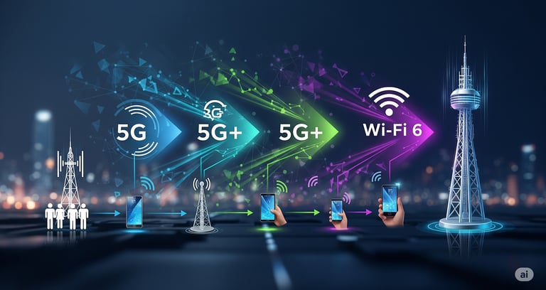 uma cena de rua da cidade com muitos tipos diferentes de dispositivos sem fio