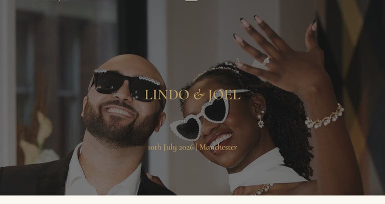 A smiling couple wearing heart-shaped sunglasses celebrates their Manchester wedding date on July 10th, 2026.