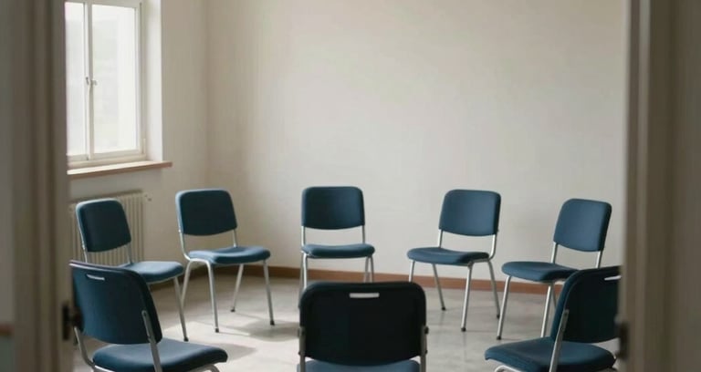 Wide environmental view from the doorway of an empty group therapy room, institutional chairs arranged in a circle on a plain floor, natural window light entering from the left, no people present, calm and sparse atmosphere