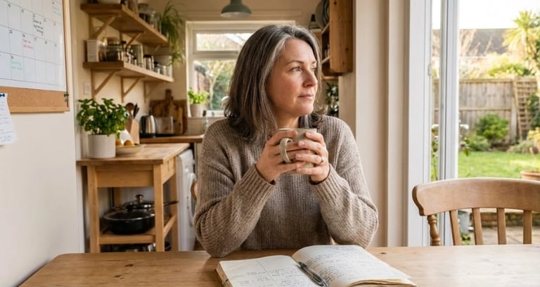 Woman in her late 40s journaling at her kitchen table in morning light — tracking her perimenopause journey over time