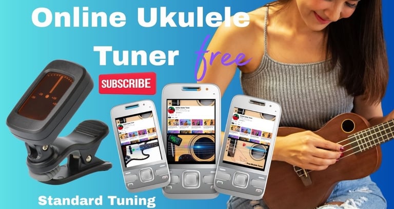 A woman tuning her wooden ukulele with a digital a free online ukulele tuner app.
