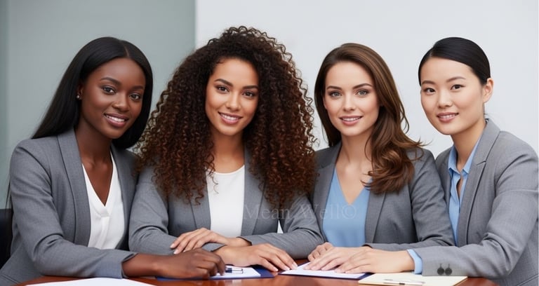 Diverse team of smiling professional businesswomen in grey blazers sitting at a conference table.