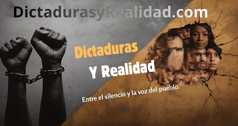 Handcuffed fists and human faces behind a cracked wall representing dictatorships and reality.