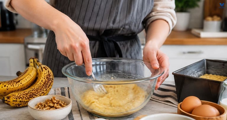 Mashed ripe bananas used to make banana bread batter.