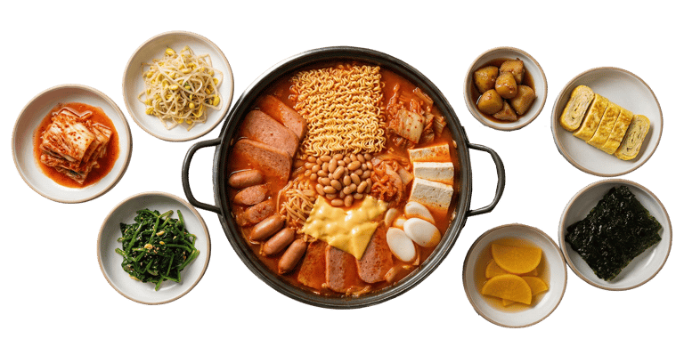 Steaming Korean-style army stew (Budae-jjigae) featuring ramen noodles, kimchi, tofu, and assorted savory ingredients.