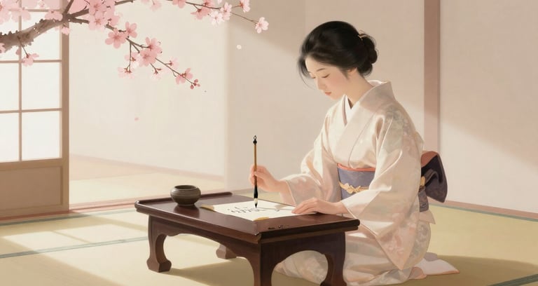 Japanese woman writing with calligraphy brush at low desk in kimono evoking zuihitsu tradition
