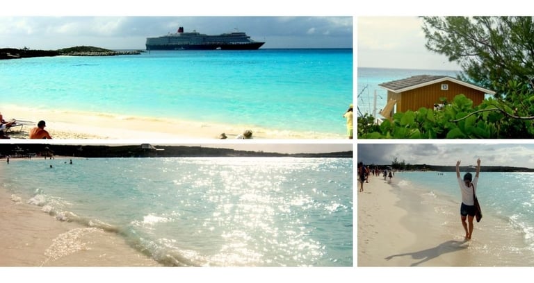 Autora explorando as praias de Half Moon Cay com cabanas de luxo e o navio ao fundo