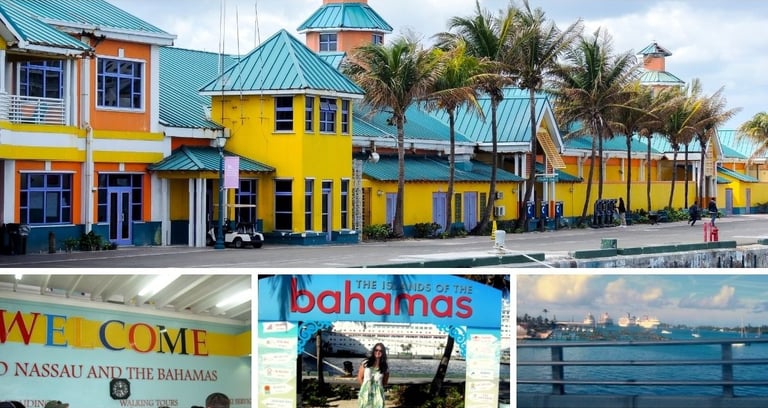Autora em Nassau, Bahamas, com cores e paisagens da cidade e navios de cruzeiros ao fundo