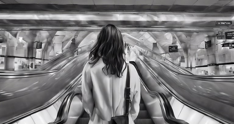 A woman standing at the bottom of an escalator in a subway station