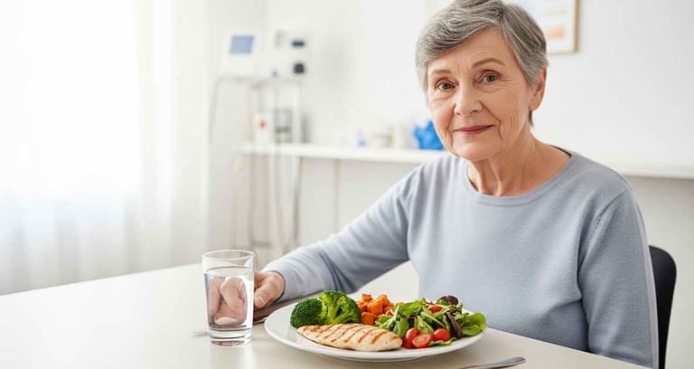 Pessoa idosa sentada à mesa em ambiente clínico nutricional, com prato equilibrado contendo legumes e proteínas.