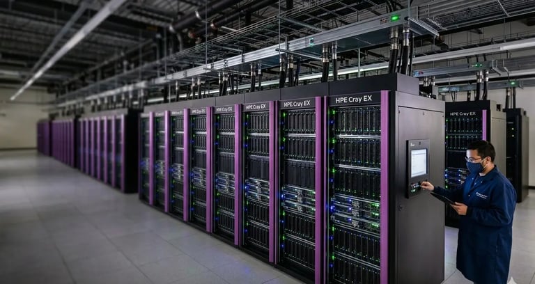 Homem monitorando fileiras de racks do supercomputador HPE Cray EX em um data center 