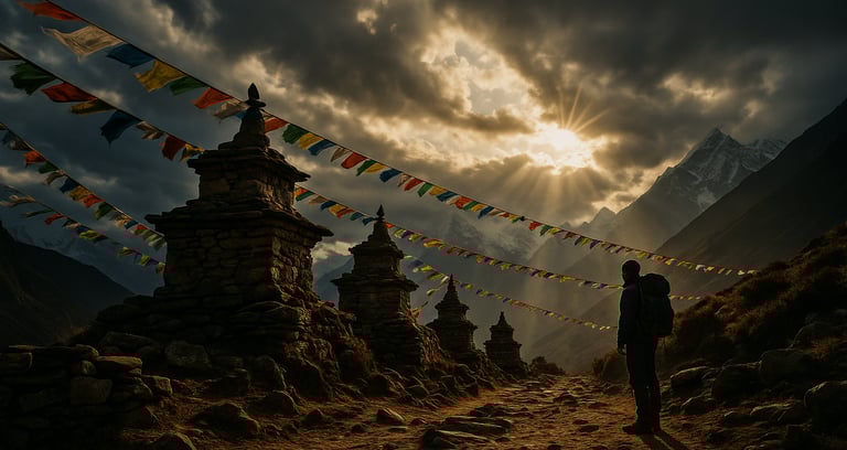 Trekker beside chortens and prayer flags on a Himalayan trail.