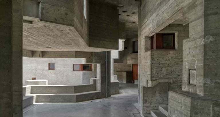 Gray Concrete Brutalist Interior Construction for Artistic Display 