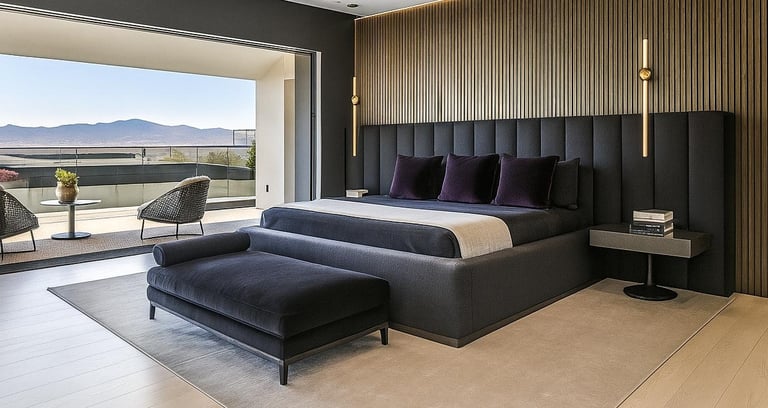 Custom bedroom with upholstered wall panel bed and bench by Solo Home Decor