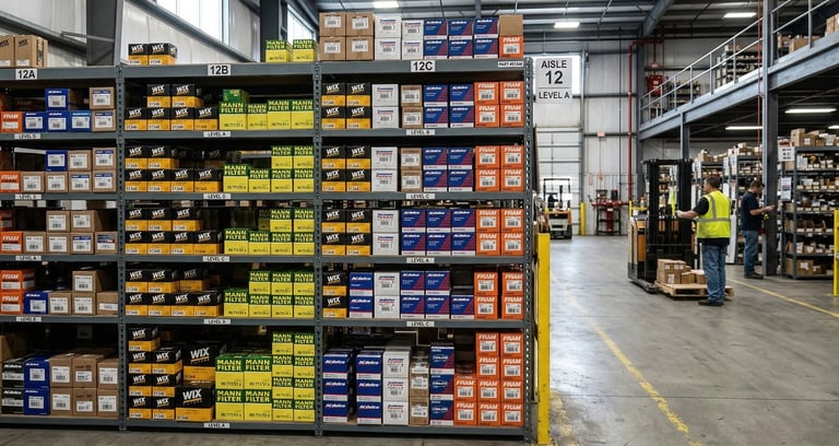 Small wholesale distributor warehouse with organized shelves showing 500-unit oil filter inventory storage