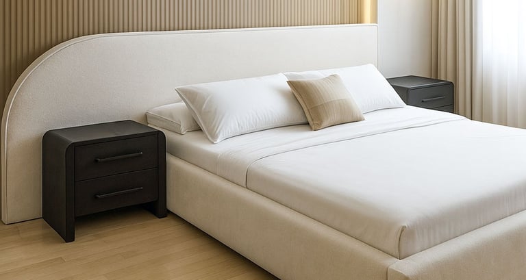 Custom wide headboard extending past nightstands behind a neatly made bed, styled with soft textures by solo home decor