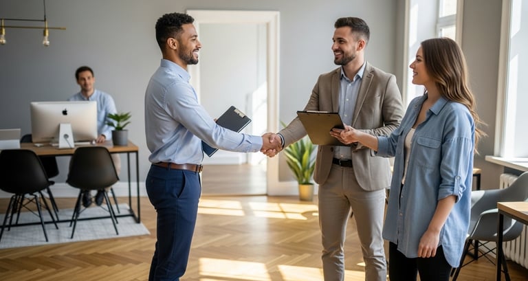 real estate agent meeting buyers in model home