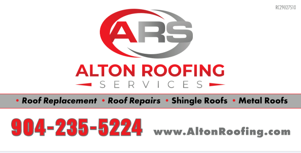Alton Roofing Services logo offering roof replacement, repairs, shingle, and metal roofs.