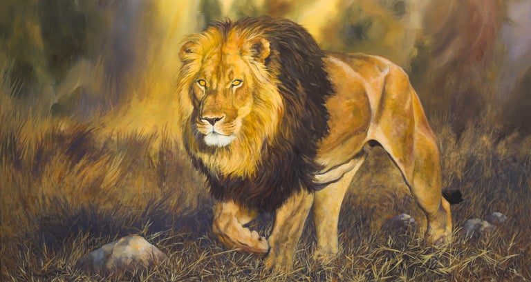 A large oil painting of a  Male Black maned lion walking in a savannah background 