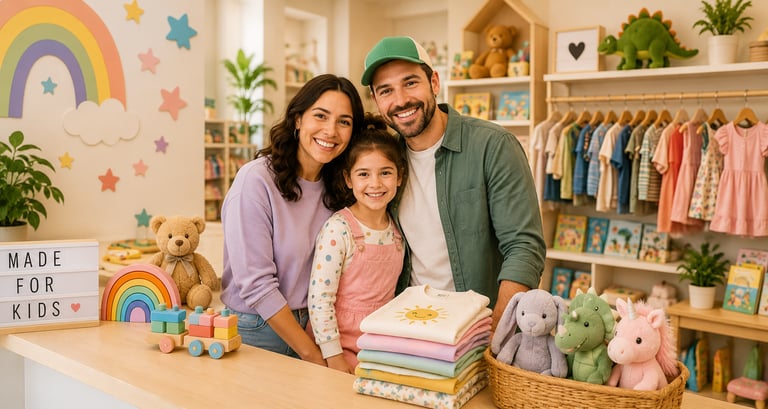 A smiling family of three standing behind a counter in a colorful children's toy and clothing boutique.