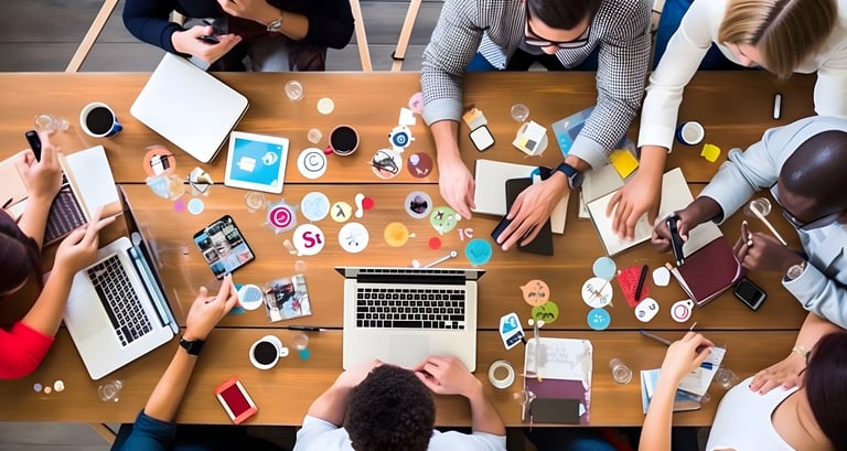 a group of people sitting around a table with laptops