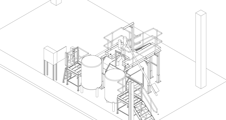 Isometric CAD drawing showing industrial storage tanks and process platform with stairs.