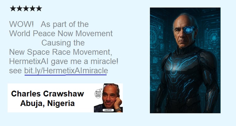 5-star review with Charles Crawshaw & AI Agent avatar praising HermetixAI & World Peace Now Movement