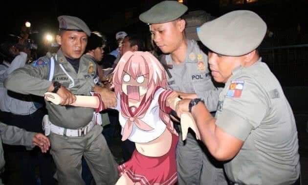 an anime girl in uniform is being held by police officers