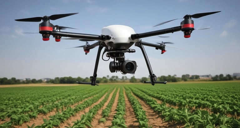 A drone equipped for seeding applications in a farm.