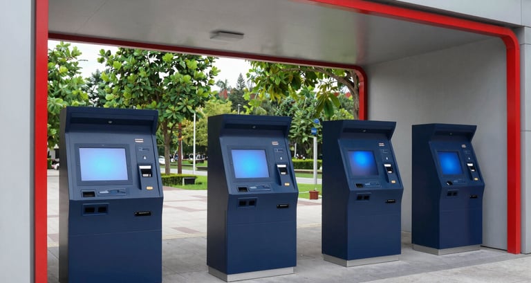 Wide environmental shot of a modern public park entrance, smart ticketing kiosks, cool bright daylight, sharp 35mm lens.