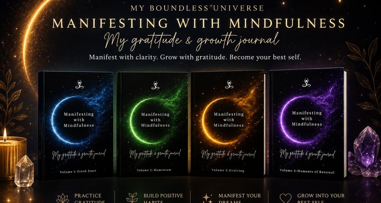 Set of four Manifesting with Mindfulness gratitude and growth journals in blue, green, gold, and purple.