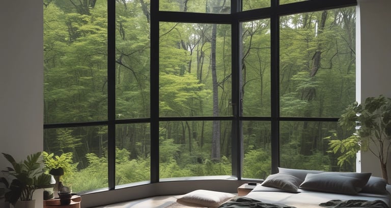 A corner workspace reflecting calm: a smooth wooden desk, a gently glowing lamp, and an open journal with a brush pen.