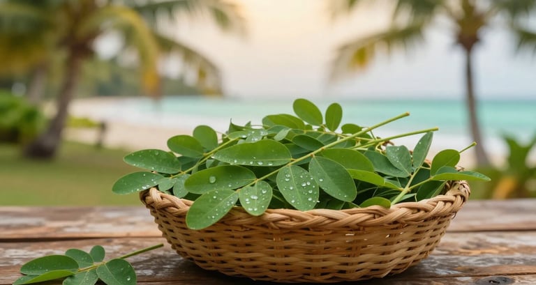 Fresh moringa malunggay leaves in rustic basket with tropical island setting backdrop
