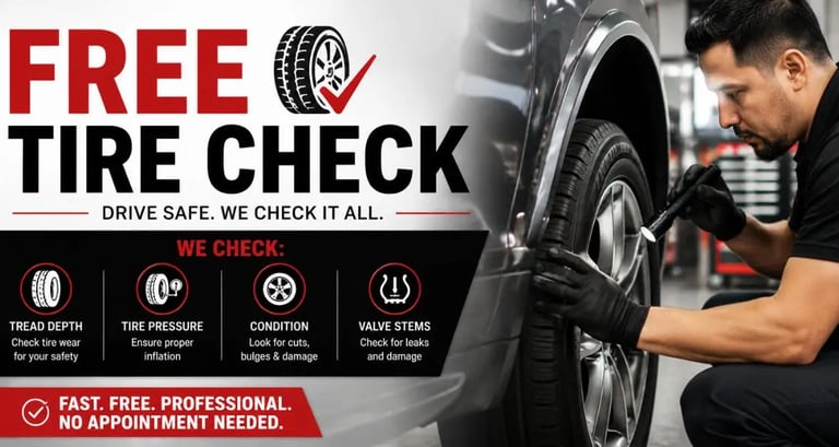 Professional free tire check service at Fast Tire Shop including tire pressure inspection, tread dep