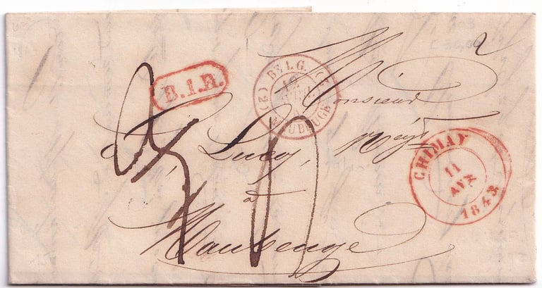 1843, lettre en port dû de CHIMAY (Belgique) à MAUBEUGE taxée initialement à 3 puis à 4 décimes.