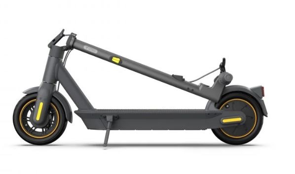 a grey electric scooter with yellow wheels