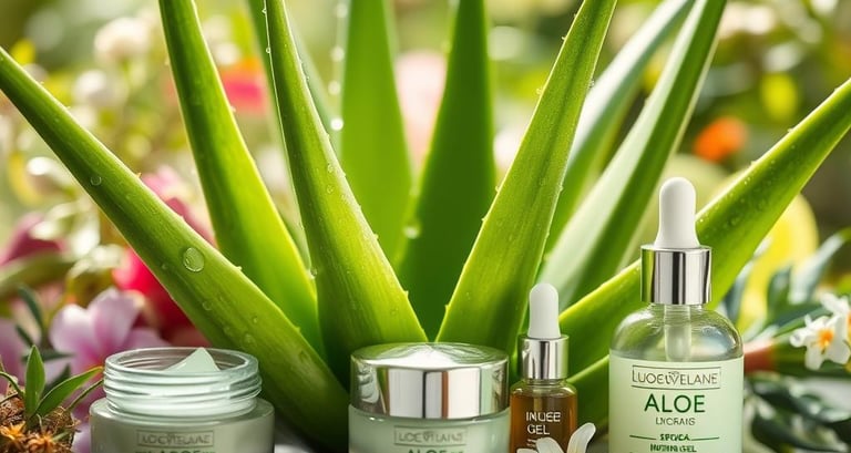 aloe vera skin products in front of aloe vera plant