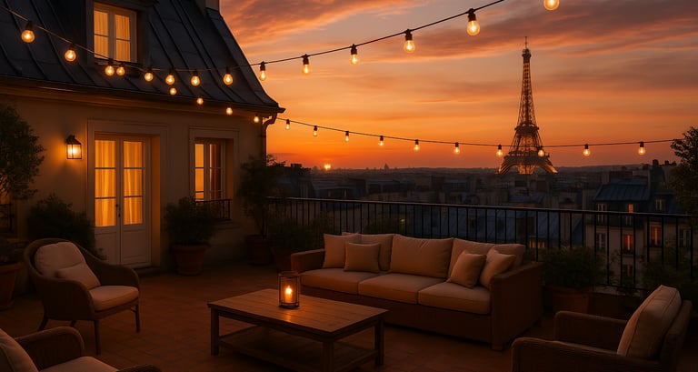 Rooftop lounge of a Paris boutique hotel at sunset with string lights and a view of the Eiffel Tower in the background.