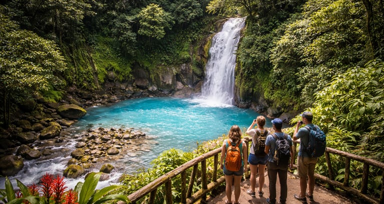 Hikers view Río Celeste waterfall in Tenorio Volcano National Park, with bright blue water, jungle foliage, and misty falls.