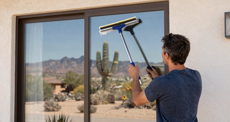 A professional cleaning a large commercial window with a squeegee under bright sunlight.