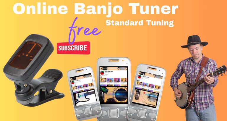 A free online banjo tuner app displayed on smartphones alongside a clip-on digital tuner and a man playing banjo.