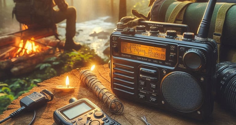 emergency radio in wilderness setting with person sitting in background