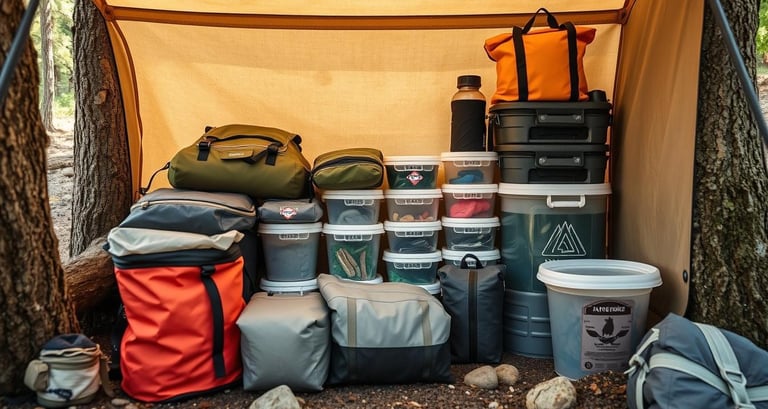 A minimalist camping gear storage setup, featuring lightweight, compact bags and containers.