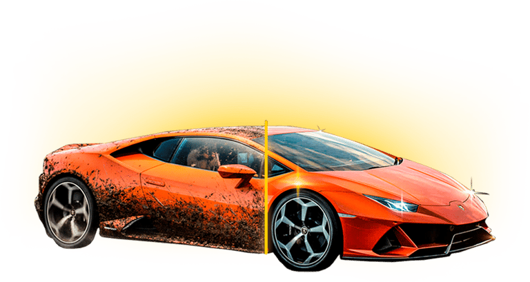 A before and after split view of a muddy orange Lamborghini being detailed to a shiny finish.