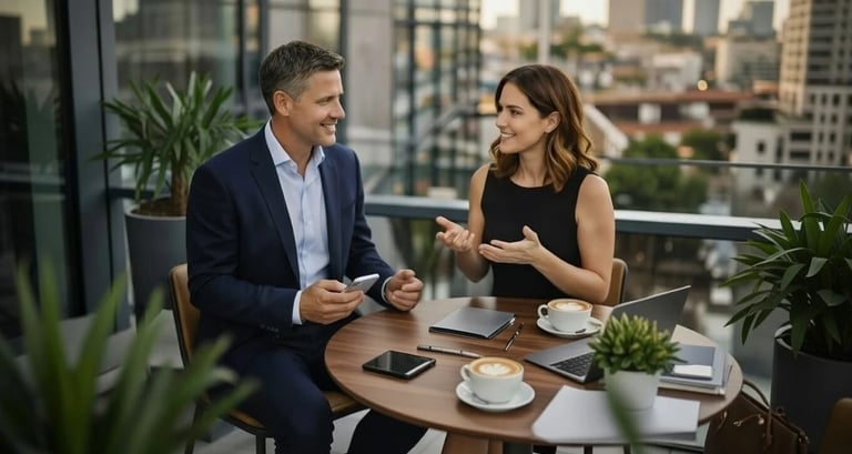 Consultora SEO de contenido en reunión con cliente, revisando ideas y plan de contenidos